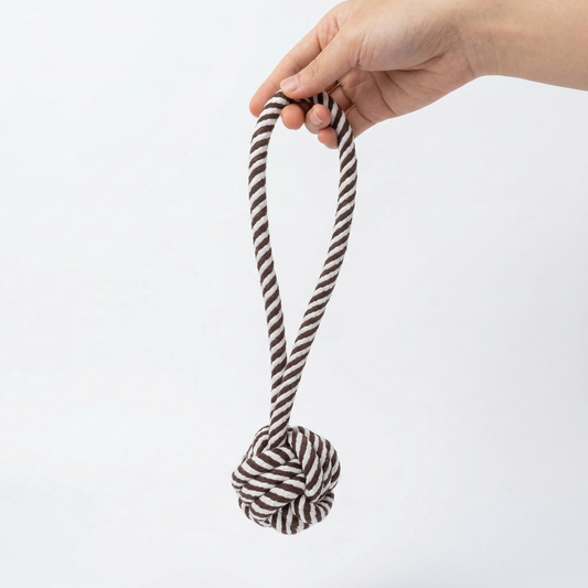 Black and White Rope Tug-War Toy Ball with One Handle - Medium