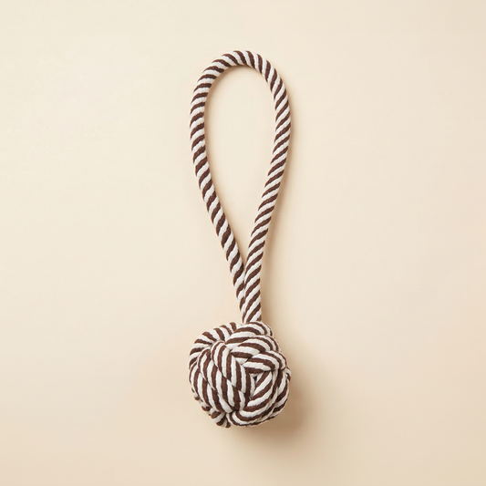 Black and White Rope Tug-War Toy Ball with One Handle - Medium
